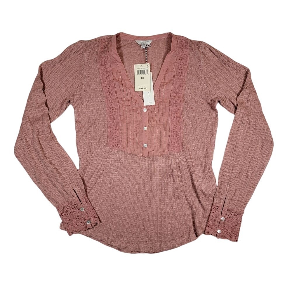 NWT Lucky Brand Women's Pintuck Bib Knit Top Sz XS Pink Lace Embroidered Blouse